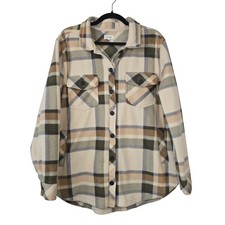 Weekends Everyday Jacket Womens XL Beige Plaid Fleece Button Front Pockets