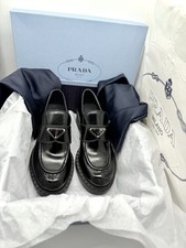 PRADA Triangle logo Black Brushed Heel Leather Loafers EU 37.5