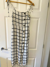 ASOS White/Black Check Square Neck Button Front Midi Slip Dress UK 8