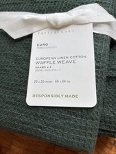 Set Of 2 Pottery Barn Waffle Weave Euro Linen Euro Pillow Shams Pine Green