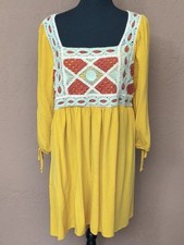 Cato Yellow Long-Sleeve Boho Peasant Dress with Crochet Panel Size Large