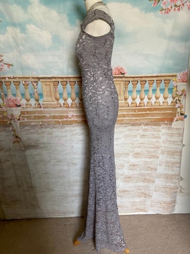 Evening Dress 8 Grey Sequin Fishtail Bardot Stretch Lace Quiz Ballgown Long - Picture 7 of 7