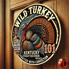 Wild Turkey Bourbon Whiskey Vintage Art Deco Round Aluminum Tin Metal Signs