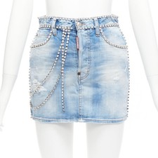 DSQUARED2 blue distressed denim crystal chain embellished mini skirt IT36 S