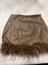 Le Lis Womens Small Faux Leather Mini Skirt Brown Taupe Feather Trim Party