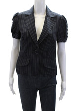 Trina Turk Womens Single Button Notched Lapel Pinstriped Jacket Navy Size 4