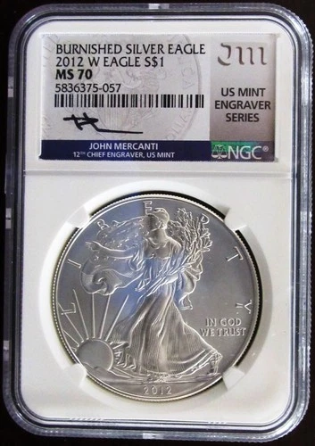 2012 W Burnished Silver Eagle, NGC MS 70, Mercanti Signed, Mint Engraver Series