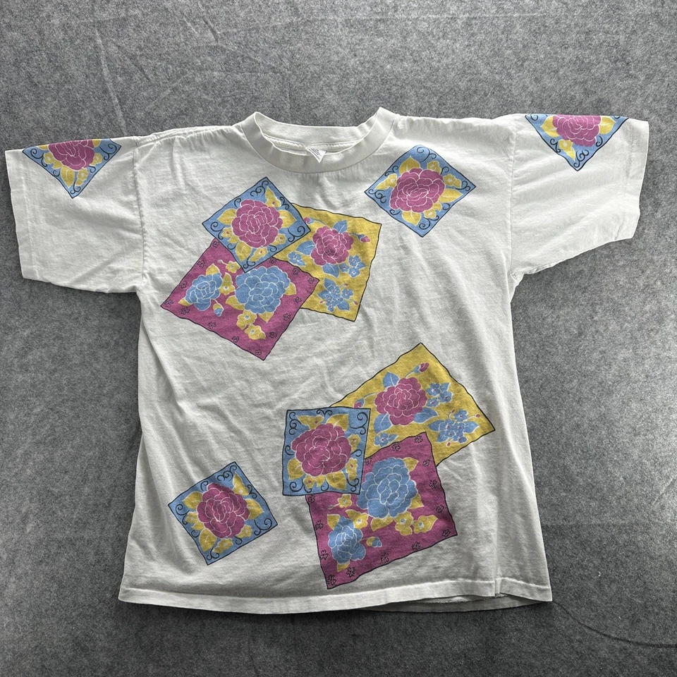Camisa Danskin Vintage Mujer Pequeña Blanca Floral Gráfica Camiseta Hecha EE. UU. Algodón Años 90 Foto 2 de 4