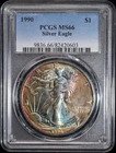 1990 $1 American Silver Eagle Dollar MS66 PCGS Rainbow Toned