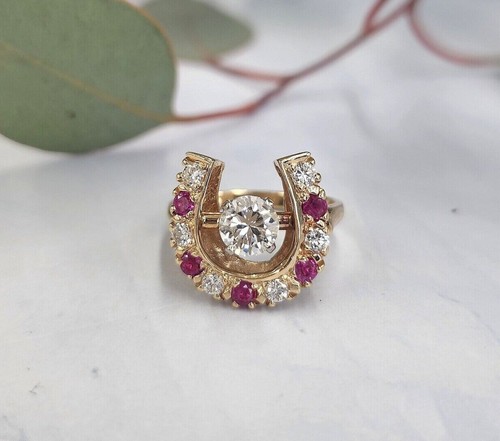 2Ct Round Lab Created Ruby & Diamond Lucky Horseshoe Ring 14k Yellow Gold Finish - Picture 4 of 6