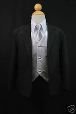 Boy Baby Toddler Kid Teen Formal Wedding Black Silver Suit Tuxedo 5pc Set S-20