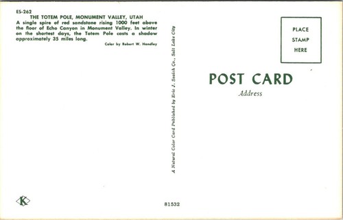 The Totem Pole Monument Valley Utah Postcard - Picture 2 of 2