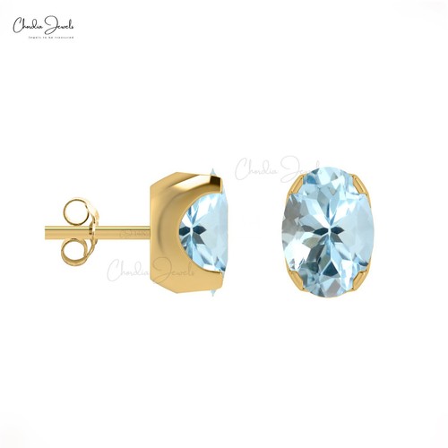 3/4 CTW Natural Aquamarine Oval Stud 14k Solid Gold Solitaire Earrings For Women - Bild 11 von 22