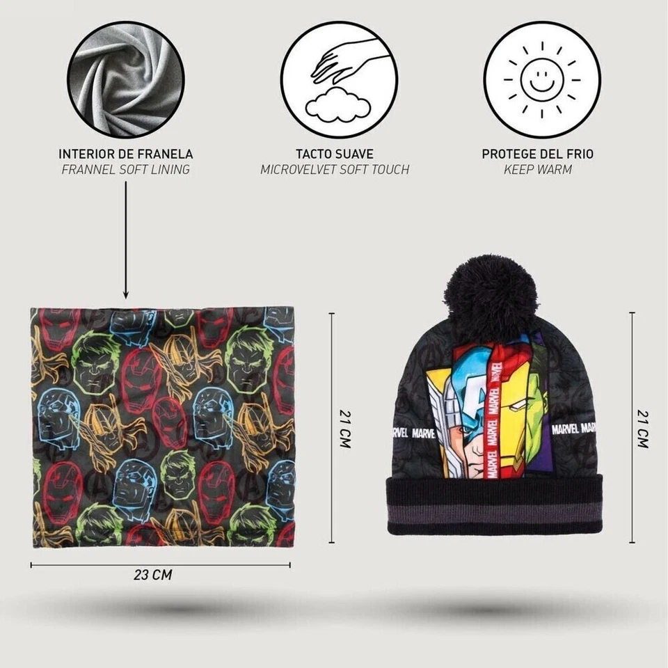 Avengers Superhéroes De 3-7anni Sombrero Pompón Con Cuello Guantes de Invierno - Imagen 2 de 4