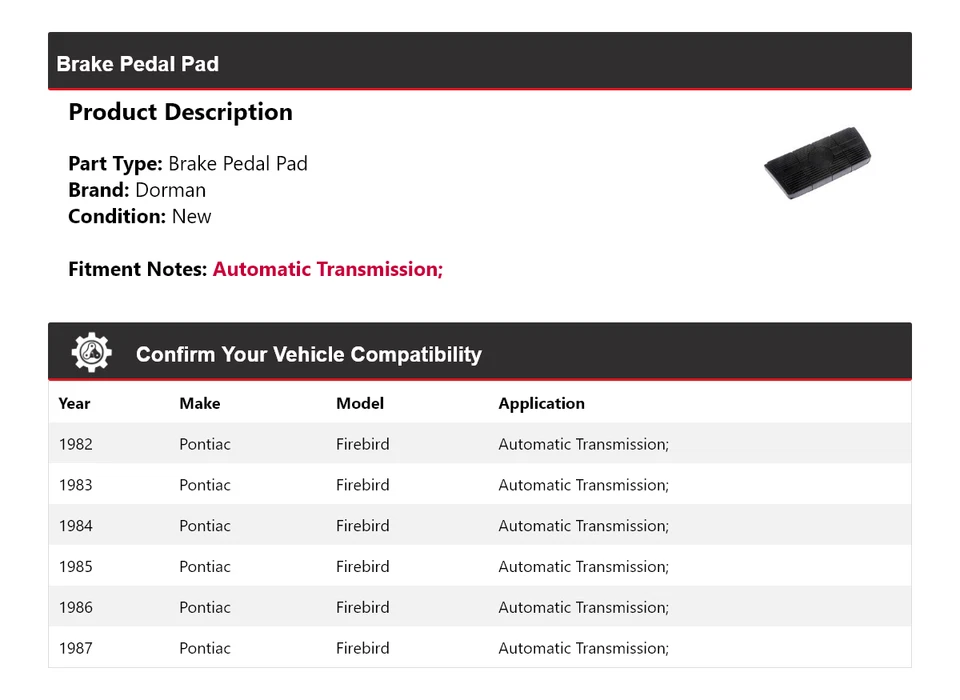 Pastilla de pedal de freno para Pontiac Firebird Dorman 1982-1987 1983 1984 1985 1986 Foto 2 de 4