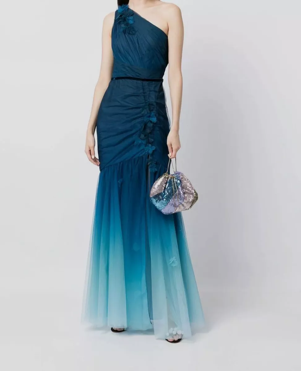 $795 Marchesa Notte Women's Blue Ombré One-Shoulder A-Line Dress Size 2