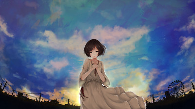 Anime girls original characters brunette short hair sky playmat gaming mat