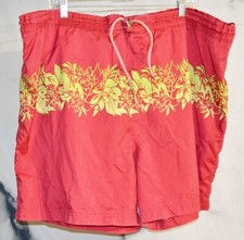 SAND N SUN Red Green Floral Print Stripe Swim Trunks XL Drawstring Waist
