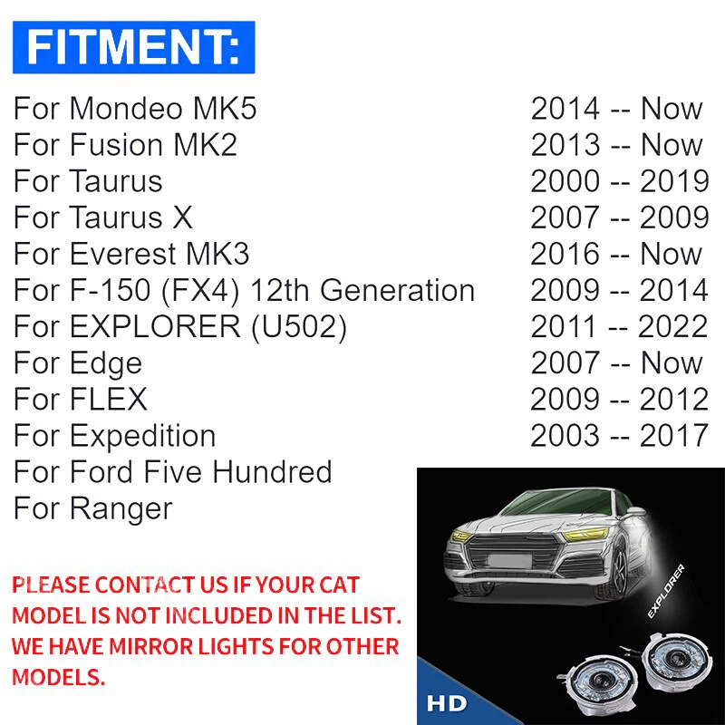 Espejo LED 3D 2x para Ford Cortesía Charco Luces Blancas Proyector Sombra Fantasma Foto 2 de 4