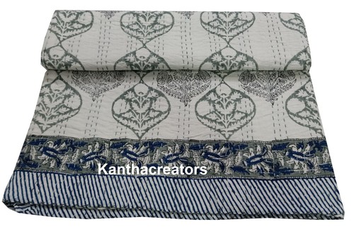 Hand Stitch Kantha Quilt Hand Block Print Bedding Coverlet Cotton Quilted Throw - Picture 4 of 6