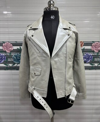Silver Color Leather Jacket Women Cafe Racer Biker Soft Sheep