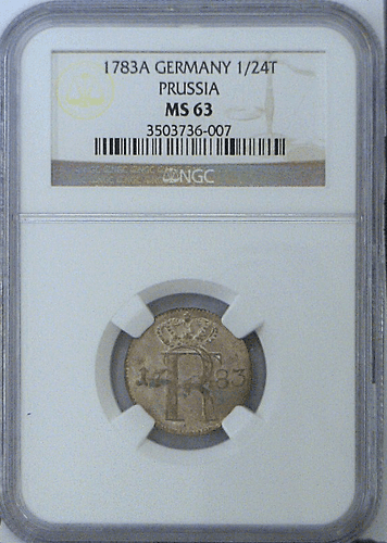 1783 A Germany Prussia 1/24th Thaler Friedrich II (The Great) KM# 296 NGC MS 63 - Picture 4 of 5