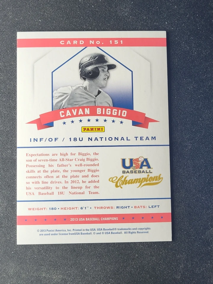 2013 USA Champions Baseball Certified Cavan Biggio TORONTO BLUE JAYS RC Red /499 - Image 2 of 2