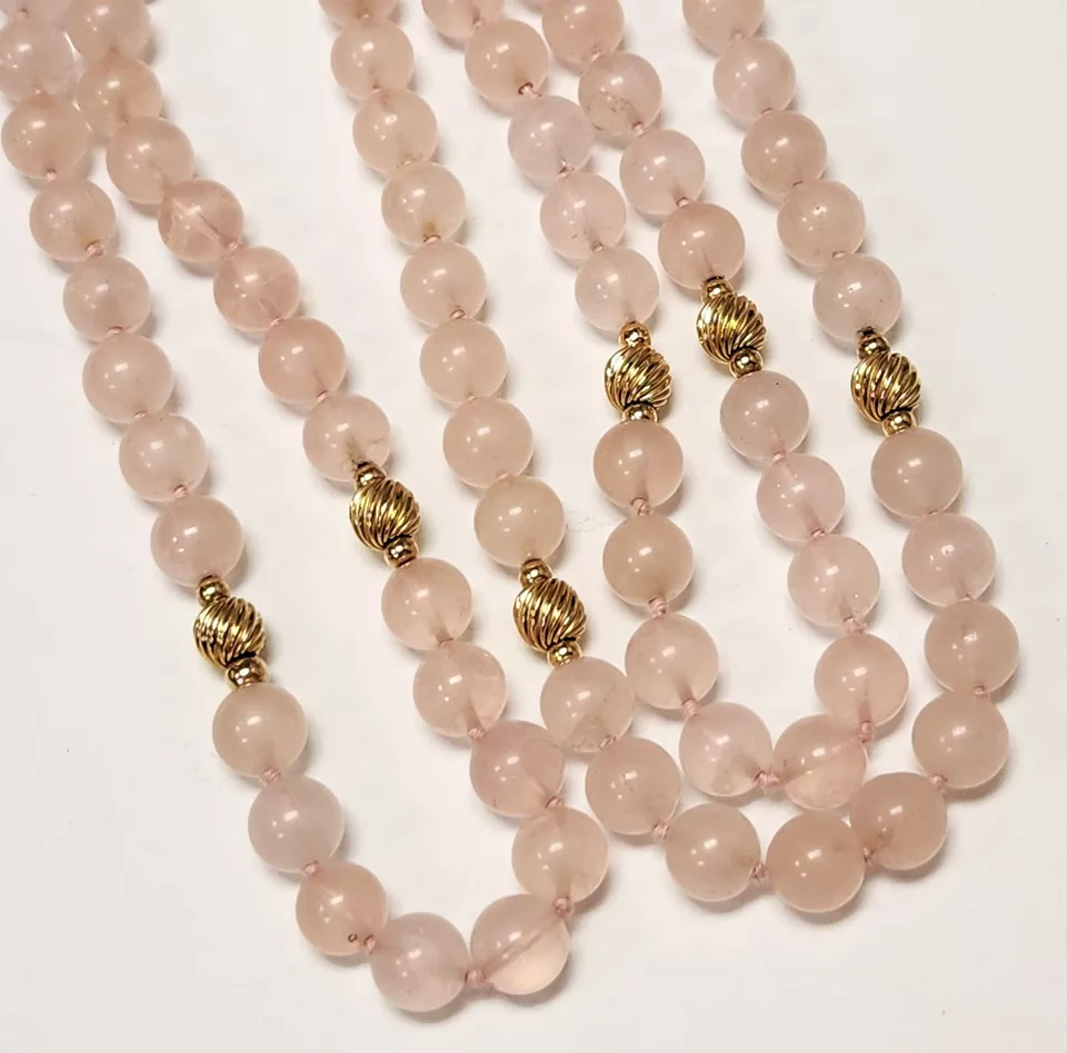 Collar de cuentas de cuarzo rosa natural vintage años 70 espaciadores de oro amarillo de 14 quilates 32" Foto 3 de 4
