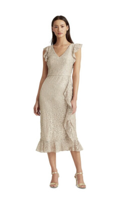 ralph lauren champagne dress Lauren Ralph Lauren Ruffled Glitter-Lace Dress