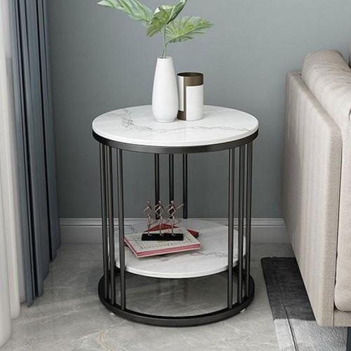 Retro Round Marble Side Table High Low Two-layer Shelf Storage Living Room Deco - Picture 4 of 12