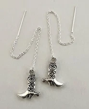 "IAJ" 3-D Fancy Cowboy Boots with Sterling Silver Ear Threads Threader Earrings