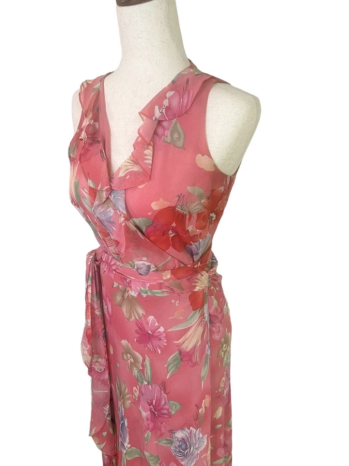 Vestido Lauren Ralph Lauren 100% Seda Para Mujer 4 Rosa Floral Volantes Maxi Envoltura Y2K Foto 2 de 4