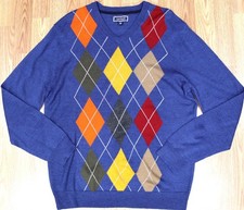 CLUB ROOM ARGYLE V-NECK MERINO WOOL/ACRYLIC SWEATER BLUE LARGE, L