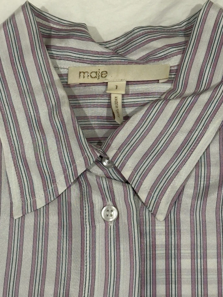 Maje Button Up Blouse Womens 1 Small Striped Oversized Viscose Preppy Corpcore - Image 2 of 4