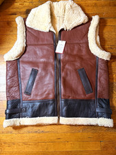 Men's Sheepskin Leather Shearling Lined Zip Vest Buckle Size: XXL Chest 56 Brown
