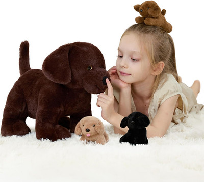 Labrador Stuffed Animal with 3 Puppies, Chocolate Brown Lab, 15.7''
