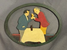 Vintage Folk Art Painted Wooden Cut Out of Pub Scene Beer & Cheer bar decor