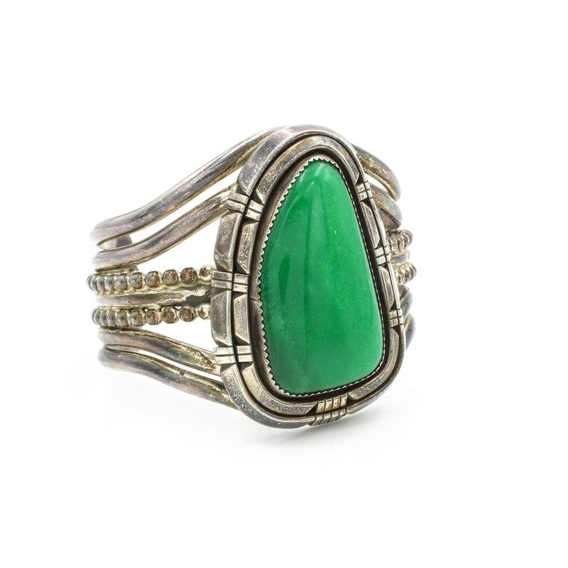Navajo Signed Irv Monte Sterling Green Chrysoprase Bead Layered Cuff #S5308-1