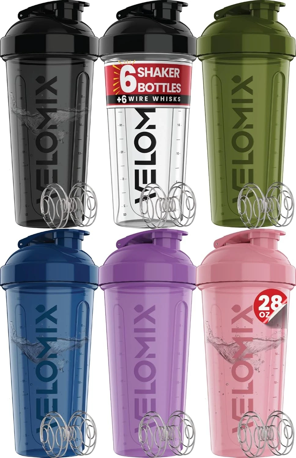 VELOMIX 28 oz Shaker Bottle 6 Pack with Wire Whisk
Opens in a new window or tab