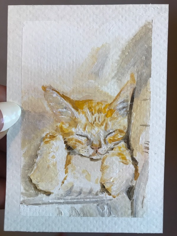 ACEO Acrylic Painting Kitten Napping Cute Cat Orange Tabby OOAK Direct Original