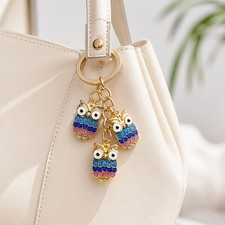NWT Glittery Owl Bag Charm Keychain Keyring 3 Owls Cute Key Chain Ring Gift Idea