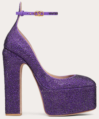 NIB Valentino Tan-Go Purple Crystal V Logo Suede Tango Platform Pumps 37 7 $2995