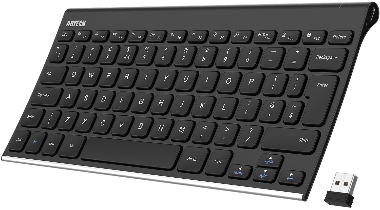Arteck 2.4G Wireless Keyboard Stainless Steel Ultra Slim Stainless, Black