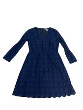 J. Crew Women's Navy Blue Eyelet Dress Long Sleeve V-Neck Scalloped Hem Size 2