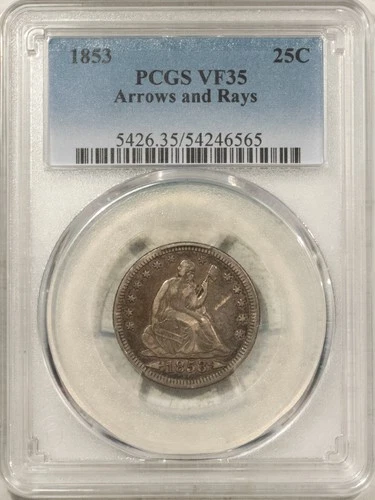 1853 SEATED LIBERTY QUARTER, ARROWS & RAYS - PCGS VF-35, NICE ORIGINAL TYPE!
