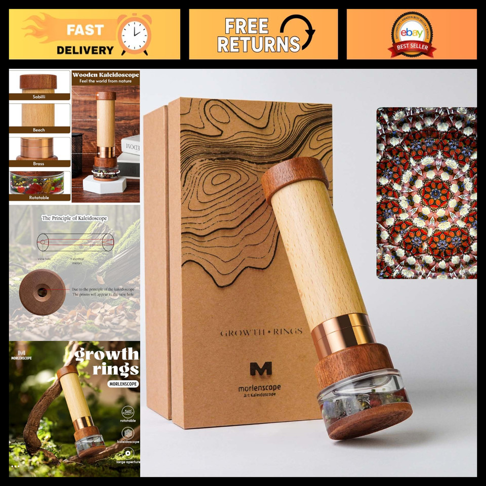 Handmade Wooden Kaleidoscope 6.5" - Brass Rotatable Oil-Filled Core, Vintage Gif