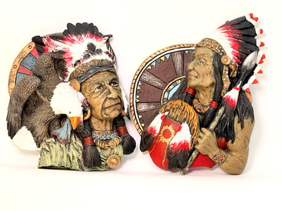 Vintage Wandtafeln zwei Indianer Indianer Häuptlinge Köpfe Büsten