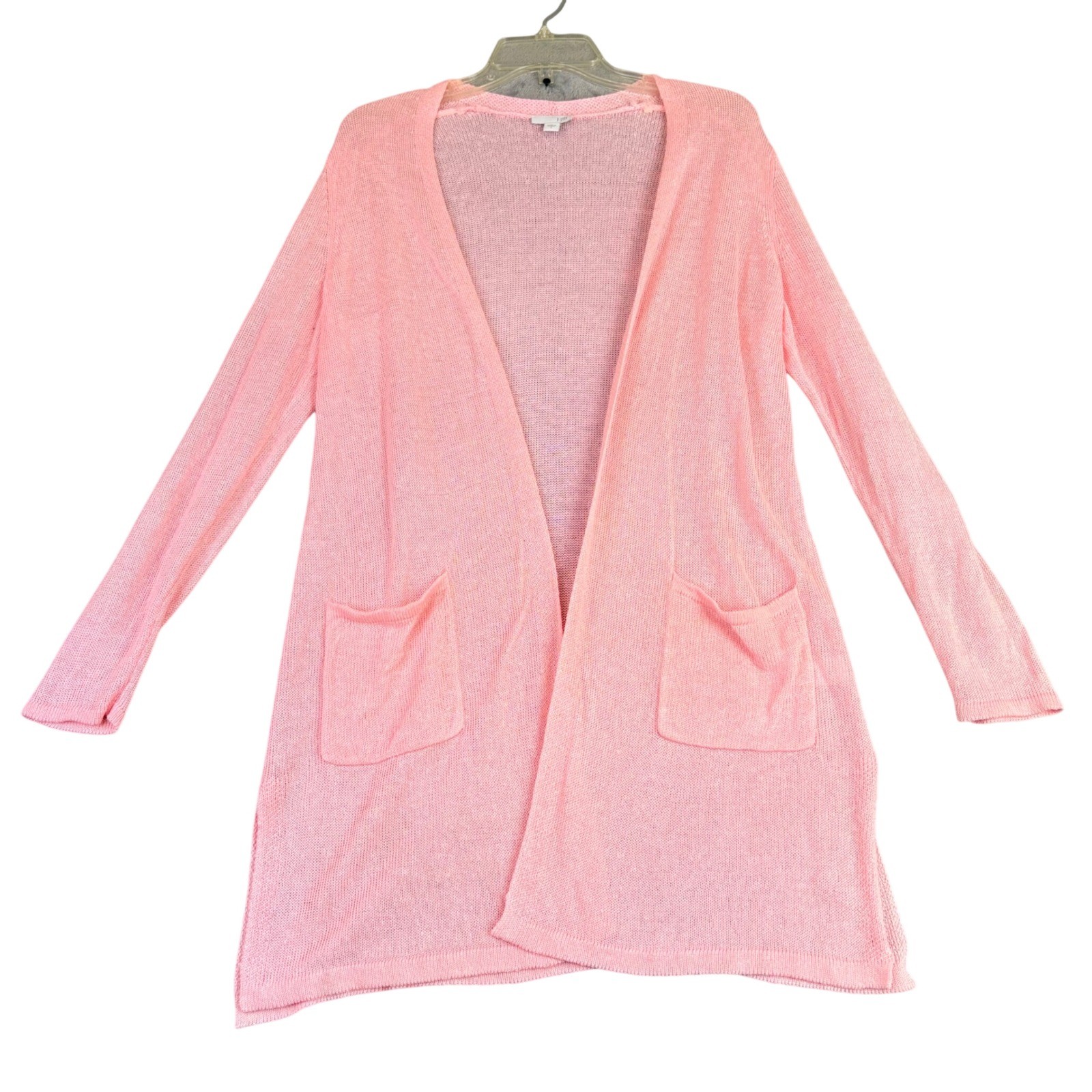 J. Jill Womens S Pink Linen Blend Open Front Cardigan Longline Pocket Slit Knit
