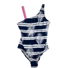 LANDS END Preppy Girls 1 Piece Navy Pink Palm Stripe Swim Suit Size 12