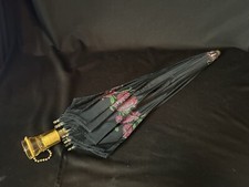 Vtg Polan Katz  Co Black  Petite Pointe Roses Embelishment Umbrella Parasol
